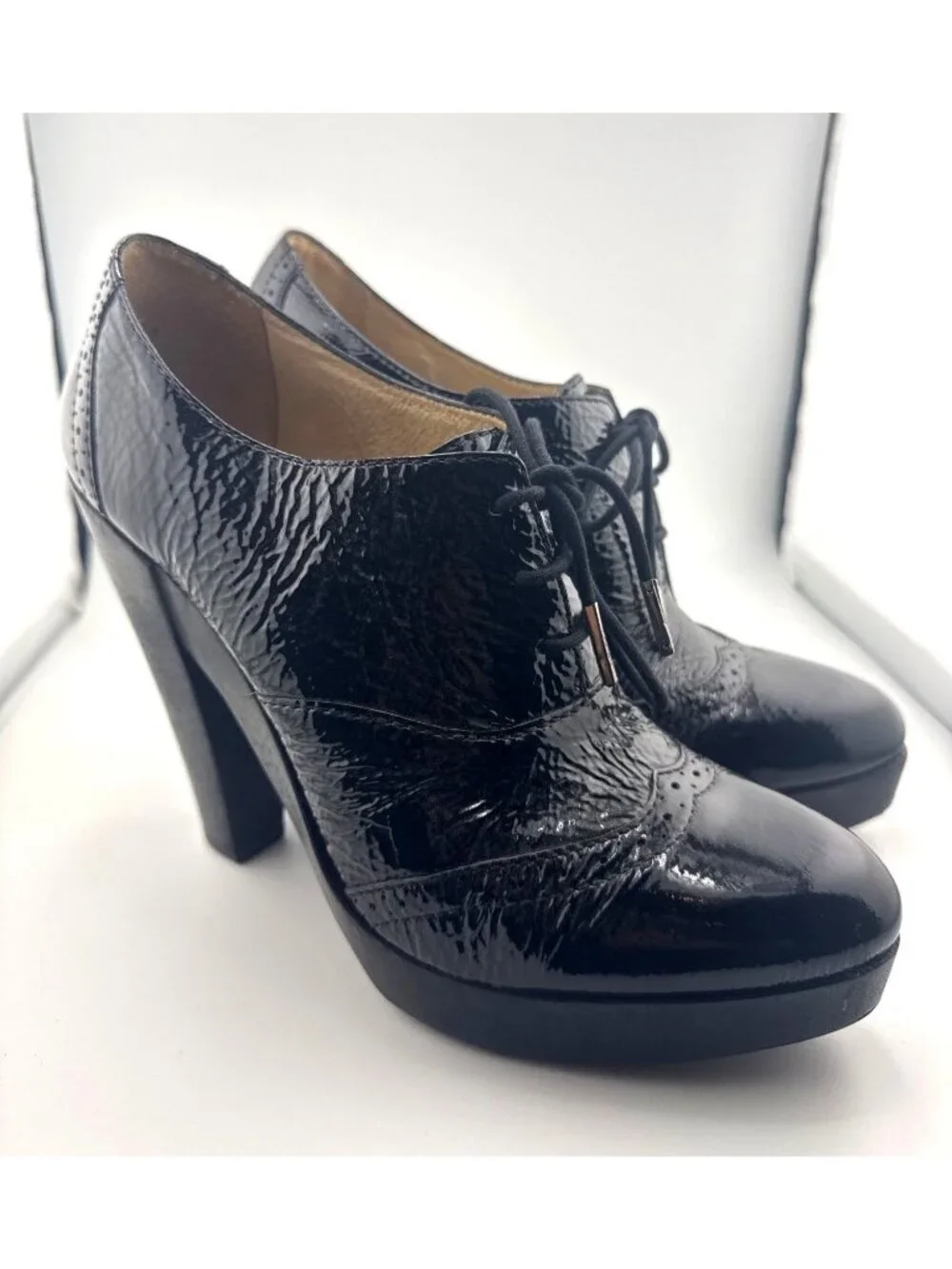 Michael Kors Panama Oxford Heels 8.5M Black Patent Leather Platform Office Siren